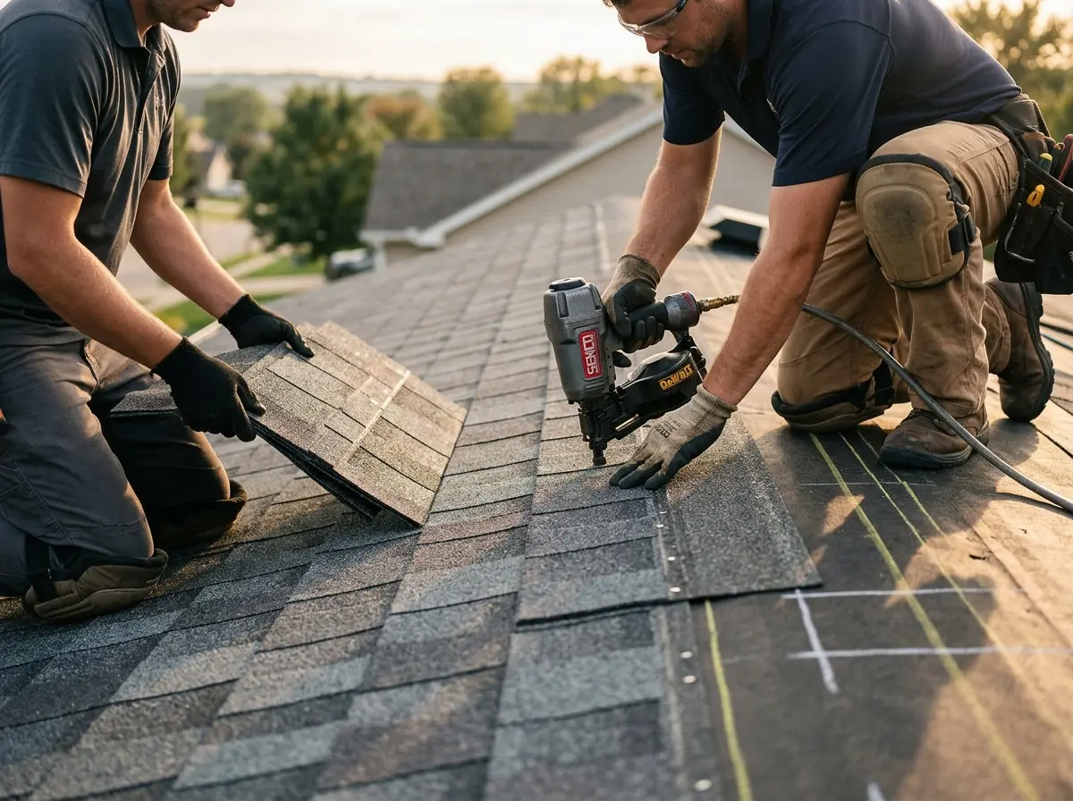Professional roofer working on a residential roof in Sequim